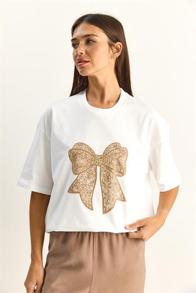 Kadın %100 Pamuk Bisiklet Yaka Kadife Fiyonk Baskılı Oversize T-Shirt ÖT261034 60286083 - Beyaz-Bej