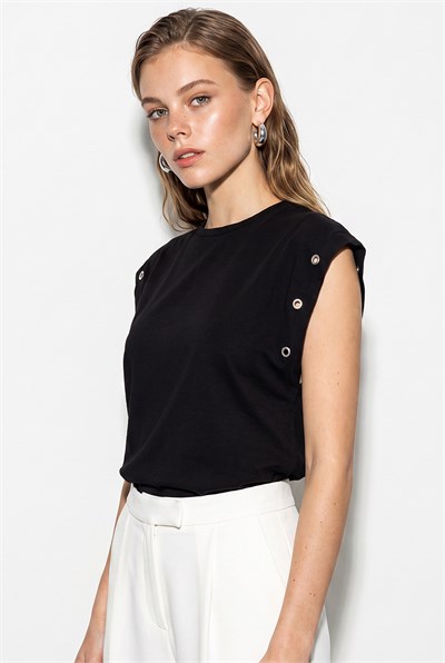 Kadın %100 Pamuk Bisiklet Yaka Kuşgözü Zımba Detaylı Basic T-Shirt 60382619 - Siyah