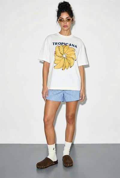 Kadın %100 Pamuk Bisiklet Yaka Tropicana Muz Baskılı Oversize T-Shirt ÖT261005 60286082 - Beyaz