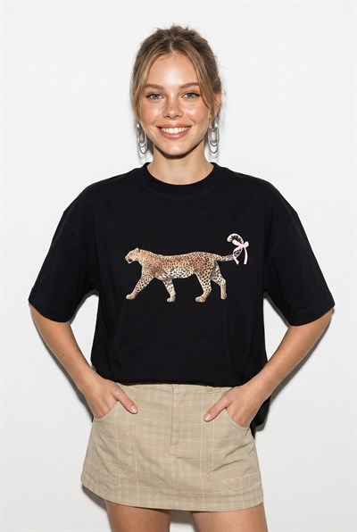 Kadın %100 Pamuk Çita Baskılı Oversize T-Shirt ÖT261125 60286380 - Siyah
