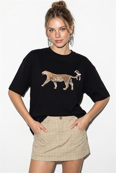 Kadın %100 Pamuk Çita Baskılı Oversize T-Shirt ÖT261125 60286380 - Siyah