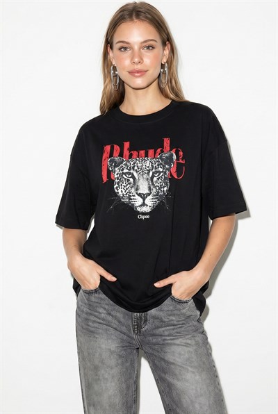Kadın %100 Pamuk Çita Baskılı Yazı Detaylı Oversize T-Shirt ÖT261063 60286379 - Siyah