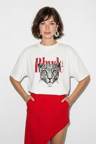 Kadın %100 Pamuk Çita Baskılı Yazı Detaylı Oversize T-Shirt ÖT261063 60286379 - Beyaz