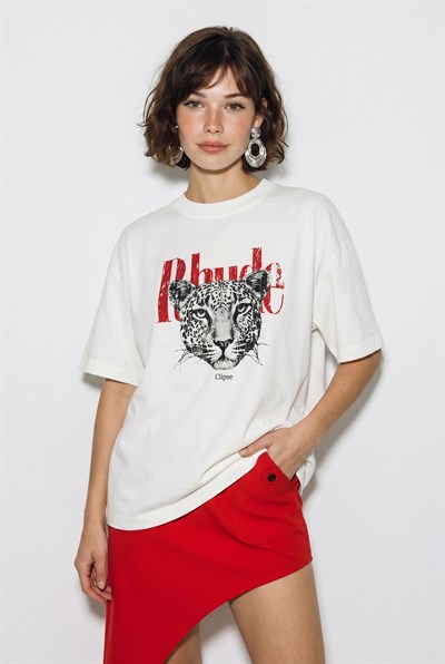 Kadın %100 Pamuk Çita Baskılı Yazı Detaylı Oversize T-Shirt ÖT261063 60286379 - Beyaz