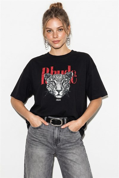 Kadın %100 Pamuk Çita Baskılı Yazı Detaylı Oversize T-Shirt ÖT261063 60286379 - Siyah