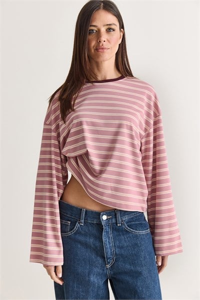 Kadın %100 Pamuk Çizgili Bisiklet Yaka Düşük Omuz Oversize Sweatshirt 12785 60286696 - Pembe