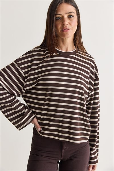 Kadın %100 Pamuk Çizgili Bisiklet Yaka Düşük Omuz Oversize Sweatshirt 12785 60286696 - Kahverengi-Bej