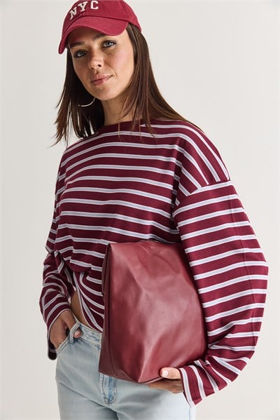 Kadın %100 Pamuk Çizgili Bisiklet Yaka Düşük Omuz Oversize Sweatshirt 12785 60286696 - Bordo-Mavi
