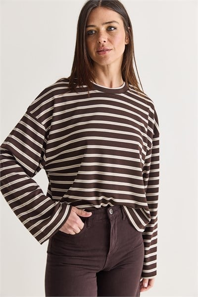 Kadın %100 Pamuk Çizgili Bisiklet Yaka Düşük Omuz Oversize Sweatshirt 12785 60286696 - Kahverengi-Bej
