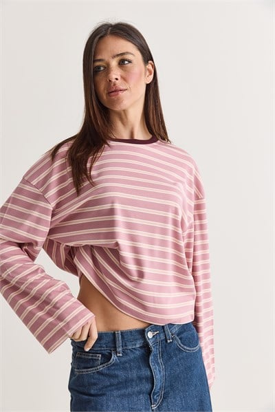 Kadın %100 Pamuk Çizgili Bisiklet Yaka Düşük Omuz Oversize Sweatshirt 12785 60286696 - Pembe