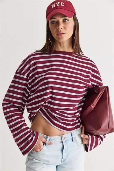 Kadın %100 Pamuk Çizgili Bisiklet Yaka Düşük Omuz Oversize Sweatshirt 12785 60286696 - Bordo-Mavi