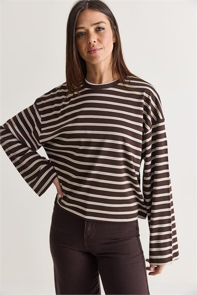 Kadın %100 Pamuk Çizgili Bisiklet Yaka Düşük Omuz Oversize Sweatshirt 12785 60286696 - Kahverengi-Bej
