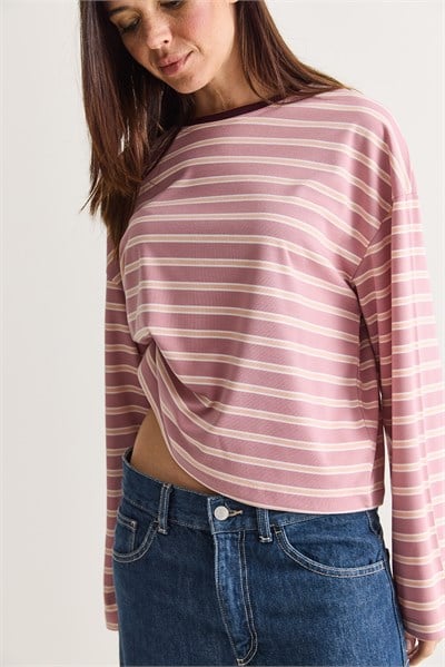 Kadın %100 Pamuk Çizgili Bisiklet Yaka Düşük Omuz Oversize Sweatshirt 12785 60286696 - Pembe