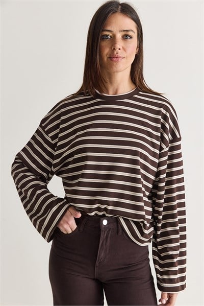 Kadın %100 Pamuk Çizgili Bisiklet Yaka Düşük Omuz Oversize Sweatshirt 12785 60286696 - Kahverengi-Bej