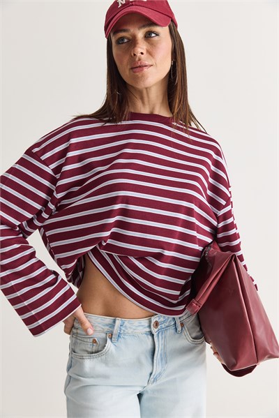 Kadın %100 Pamuk Çizgili Bisiklet Yaka Düşük Omuz Oversize Sweatshirt 12785 60286696 - Bordo-Mavi