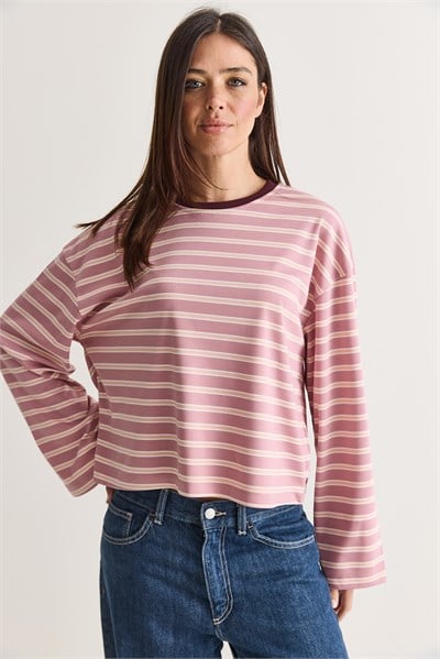Kadın %100 Pamuk Çizgili Bisiklet Yaka Düşük Omuz Oversize Sweatshirt 12785 60286696 - Pembe