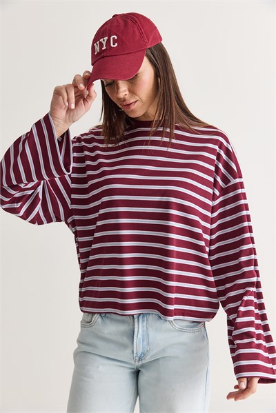 Kadın %100 Pamuk Çizgili Bisiklet Yaka Düşük Omuz Oversize Sweatshirt 12785 60286696 - Bordo-Mavi