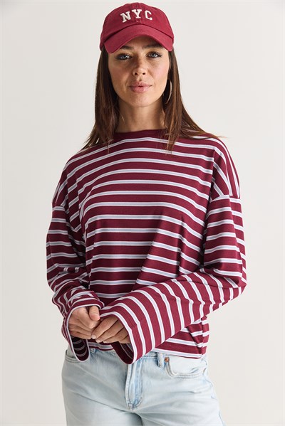 Kadın %100 Pamuk Çizgili Bisiklet Yaka Düşük Omuz Oversize Sweatshirt 12785 60286696 - Bordo-Mavi