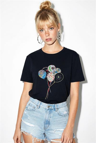 Kadın %100 Pamuk El İşi Balon Nakış Detaylı Premium Tasarım T-Shirt 1007 60282053 - Siyah