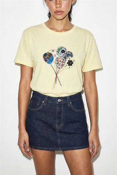 Kadın %100 Pamuk El İşi Balon Nakış Detaylı Premium Tasarım T-Shirt 1007 60282053 - Tereyağ