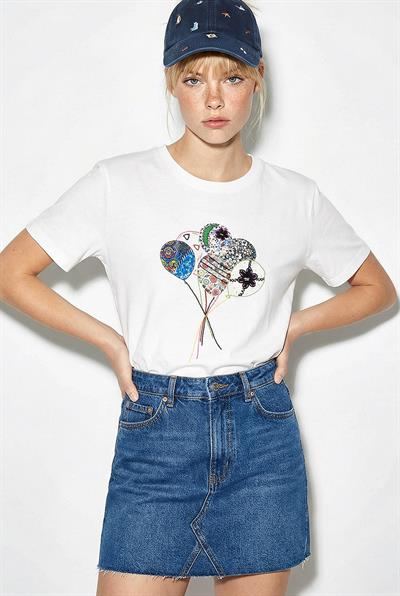 Kadın %100 Pamuk El İşi Balon Nakış Detaylı Premium Tasarım T-Shirt 1007 60282053 - Beyaz