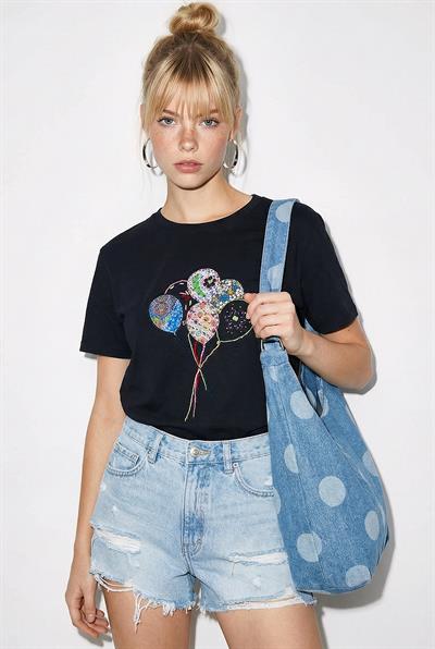 Kadın %100 Pamuk El İşi Balon Nakış Detaylı Premium Tasarım T-Shirt 1007 60282053 - Siyah