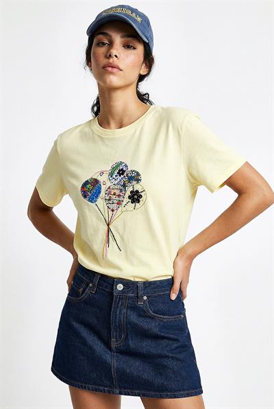 Kadın %100 Pamuk El İşi Balon Nakış Detaylı Premium Tasarım T-Shirt 1007 60282053 - Tereyağ