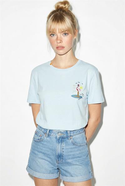 Kadın %100 Pamuk El İşi Flamingo Nakış Detaylı Premium Tasarım T-Shirt 1004 60282049 - Bebe Mavisi