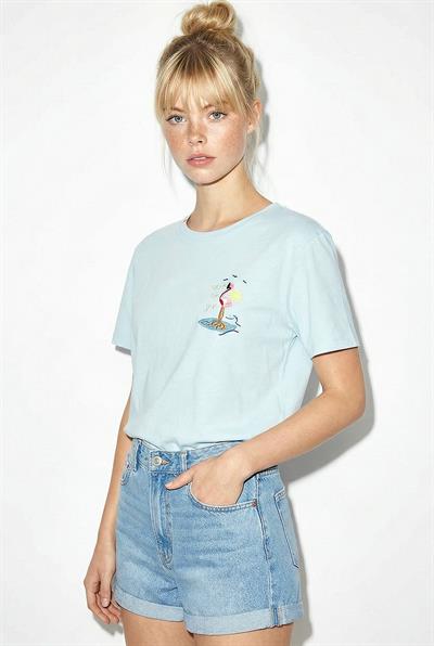 Kadın %100 Pamuk El İşi Flamingo Nakış Detaylı Premium Tasarım T-Shirt 1004 60282049 - Bebe Mavisi