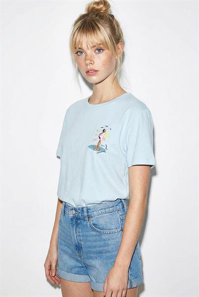 Kadın %100 Pamuk El İşi Flamingo Nakış Detaylı Premium Tasarım T-Shirt 1004 60282049 - Bebe Mavisi