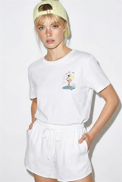 Kadın %100 Pamuk El İşi Flamingo Nakış Detaylı Premium Tasarım T-Shirt 1004 60282049 - Beyaz