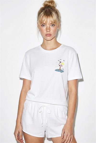 Kadın %100 Pamuk El İşi Flamingo Nakış Detaylı Premium Tasarım T-Shirt 1004 60282049 - Beyaz