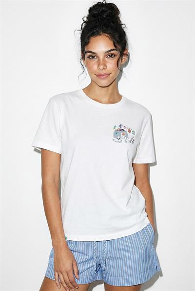 Kadın %100 Pamuk El İşi Minimal Nakış Detaylı Premium Tasarım T-Shirt 1003 60282051 - Beyaz