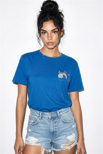 Kadın %100 Pamuk El İşi Minimal Nakış Detaylı Premium Tasarım T-Shirt 1003 60282051 - Gök Mavisi