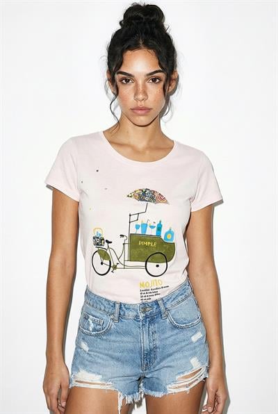 Kadın %100 Pamuk El İşi Nakışlı Bisiklet Baskılı Premium Tasarım T-Shirt 1002 60282047 - Toz Pembe