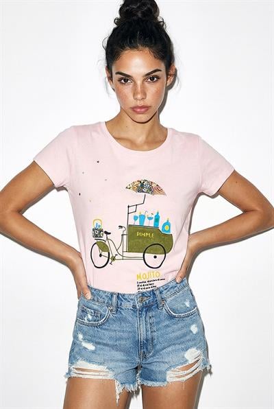 Kadın %100 Pamuk El İşi Nakışlı Bisiklet Baskılı Premium Tasarım T-Shirt 1002 60282047 - Toz Pembe