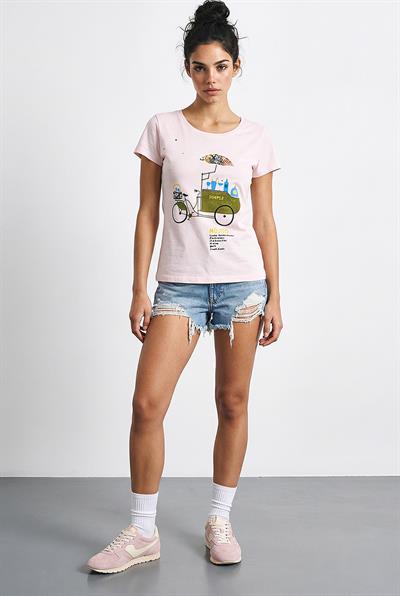 Kadın %100 Pamuk El İşi Nakışlı Bisiklet Baskılı Premium Tasarım T-Shirt 1002 60282047 - Toz Pembe