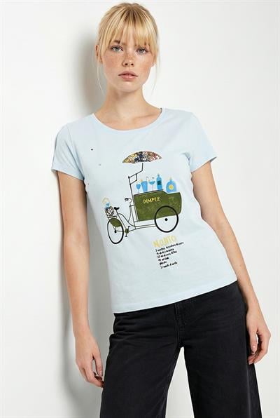 Kadın %100 Pamuk El İşi Nakışlı Bisiklet Baskılı Premium Tasarım T-Shirt 1002 60282047 - Bebe Mavisi