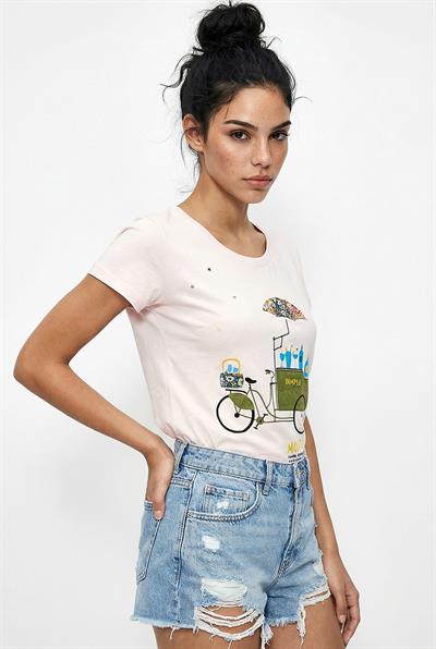 Kadın %100 Pamuk El İşi Nakışlı Bisiklet Baskılı Premium Tasarım T-Shirt 1002 60282047 - Toz Pembe