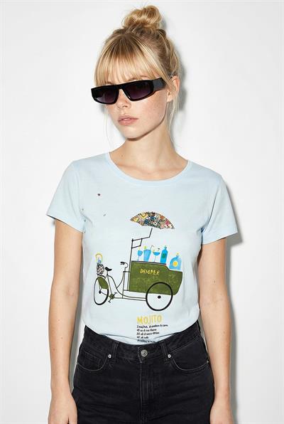 Kadın %100 Pamuk El İşi Nakışlı Bisiklet Baskılı Premium Tasarım T-Shirt 1002 60282047 - Bebe Mavisi