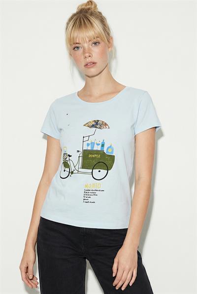 Kadın %100 Pamuk El İşi Nakışlı Bisiklet Baskılı Premium Tasarım T-Shirt 1002 60282047 - Bebe Mavisi