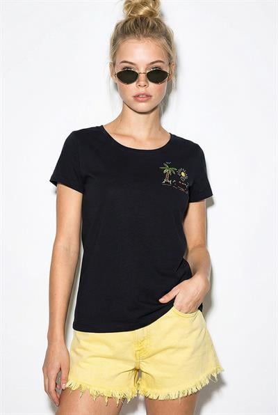 Kadın %100 Pamuk El İşi Summer Nakış Detaylı Premium Tasarım T-Shirt 1001 60282048 - Siyah