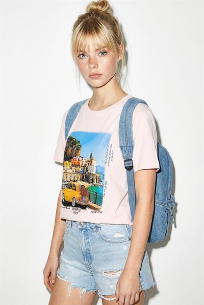 Kadın %100 Pamuk Italy Temalı Baskılı Premium Tasarım T-Shirt 1008 60282054 - Toz Pembe