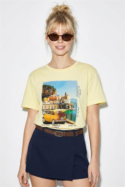 Kadın %100 Pamuk Italy Temalı Baskılı Premium Tasarım T-Shirt 1008 60282054 - Tereyağ