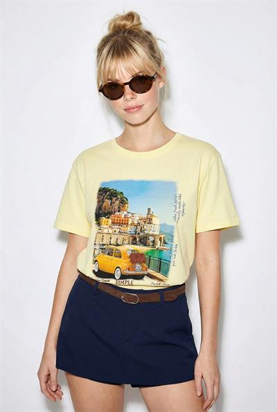 Kadın %100 Pamuk Italy Temalı Baskılı Premium Tasarım T-Shirt 1008 60282054 - Tereyağ