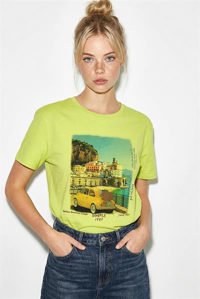 Kadın %100 Pamuk Italy Temalı Baskılı Premium Tasarım T-Shirt 1008 60282054 - Fıstık Yeşili
