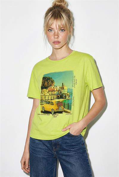 Kadın %100 Pamuk Italy Temalı Baskılı Premium Tasarım T-Shirt 1008 60282054 - Fıstık Yeşili