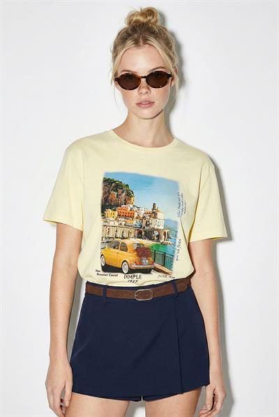 Kadın %100 Pamuk Italy Temalı Baskılı Premium Tasarım T-Shirt 1008 60282054 - Tereyağ