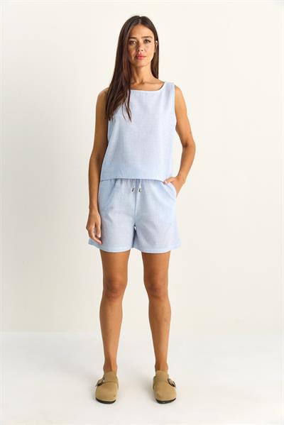 Kadın %100 Pamuk Kalın Askılı Bluz Beli Lastikli Cep Dataylı Şort Çizgili Alt-Üst Takım 60282046 - Beyaz-Mavi