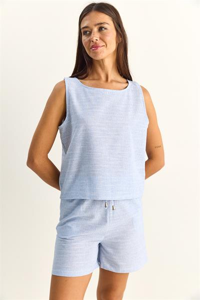 Kadın %100 Pamuk Kalın Askılı Bluz Beli Lastikli Cep Dataylı Şort Çizgili Alt-Üst Takım 60282046 - Beyaz-Lacivert
